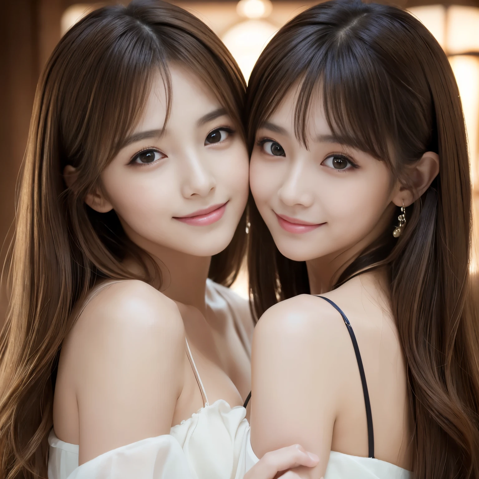 (2girl:1.3), gorgeous beautiful & elegant, (beautiful portrait of two women:1.25), (best quality, masterpiece:1.2), (photorealistic:1.2), 16K, absurdres, beautiful eyes, (light brown hair, random hair style), full round face, (hug each other:1.2), (seductive smile:1.2), (dynamic lighting), (upper body), highly detailed, (close-up:1.1), Attractive 2 Japanese woman Pictures, 