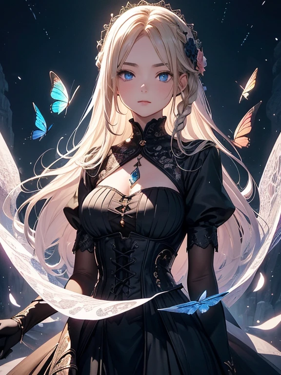 Top image quality、​masterpiece、Thick painting of oil painting、Beautiful 16 year old fair-skinned Asian girl、Fantasy 3D、large blue eyes、Cute little face、a small face、Light makeup、blonde hair in braids、small breasts, slim waist, slender thighs、Full body view from the knee up、Black gloves、intricately patterned, long black Victorian gothic dress, moon world in the background、thirds rule, cherry blossoms and butterflies blowing in the wind, psychedelic cosmic dreamlike aesthetic atmospheric background, hyper-detailed painting, bio-luminescence, ​​clouds，colorful，starry，intricately detailed, awesome full color, ethereal background, abstract beauty, golden ratio, concept art, intricate details, high resolution, highly detailed, nostalgia, romantic, 64k, award winning illustration, realistic light, ultra-detailed, high quality concept art, inspired by Kubla Khan and the Siberian grass steppes.