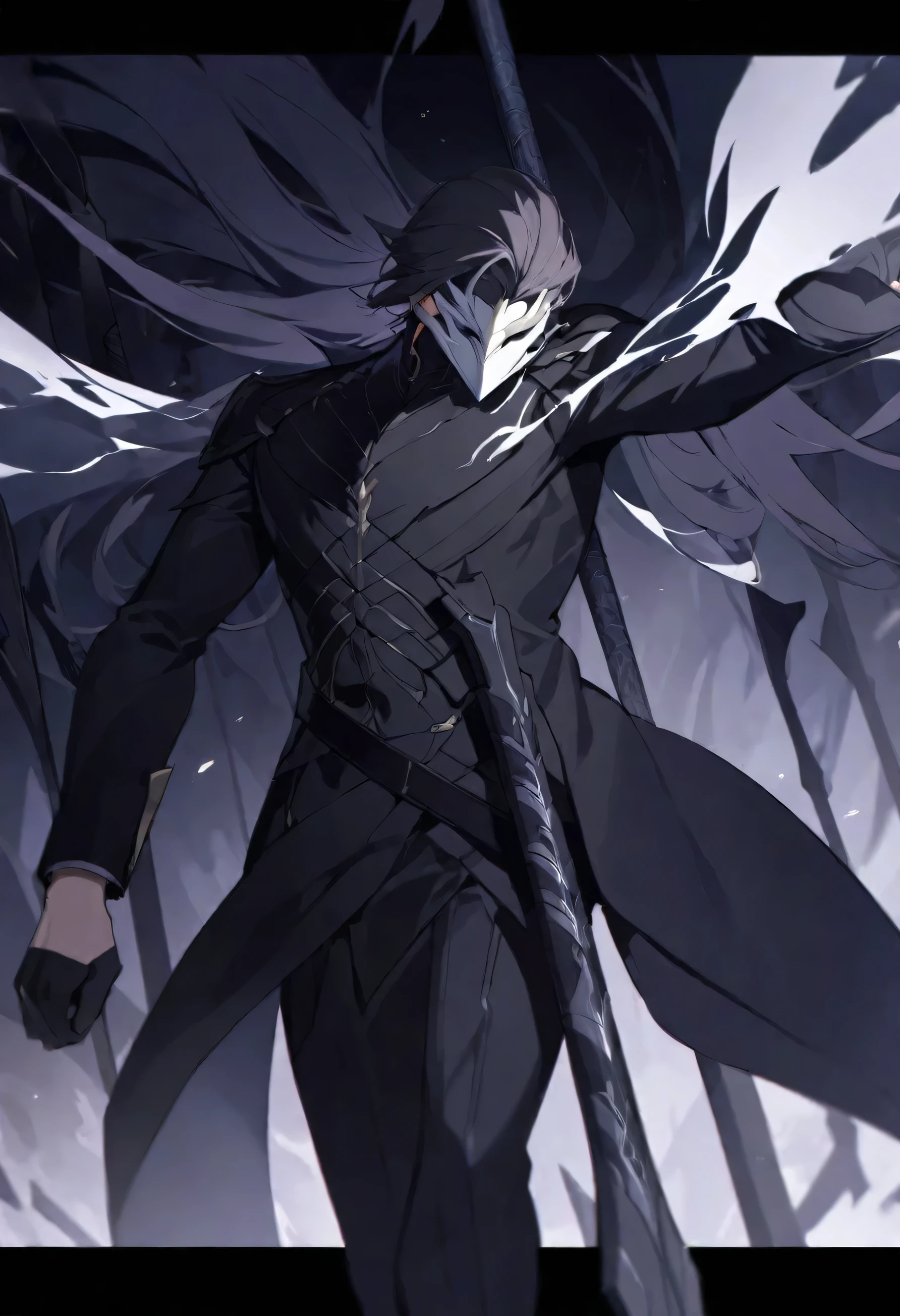 Grey Helven is a tall and imposing figure with a quite masculine body. His dark gray hair cascades down his back, adding to his mysterious presence. Clad in black clothes that blend seamlessly with the shadows, he wears black gloves that further accentuate his enigmatic aura. His face is completely concealed behind a mask, leaving his true expressions hidden. Yet, there's something intriguing about the way the mask subtly shifts, as if hinting at a range of emotions without ever fully revealing them. With each swing of his weapon and every calculated step, he embodies the essence of a warrior who walks the line between light and darkness. Grey's formidable presence and distinctive appearance, complete with his black gloves and subtly expressive mask, make him a figure to be reckoned with in a world on the brink of chaos