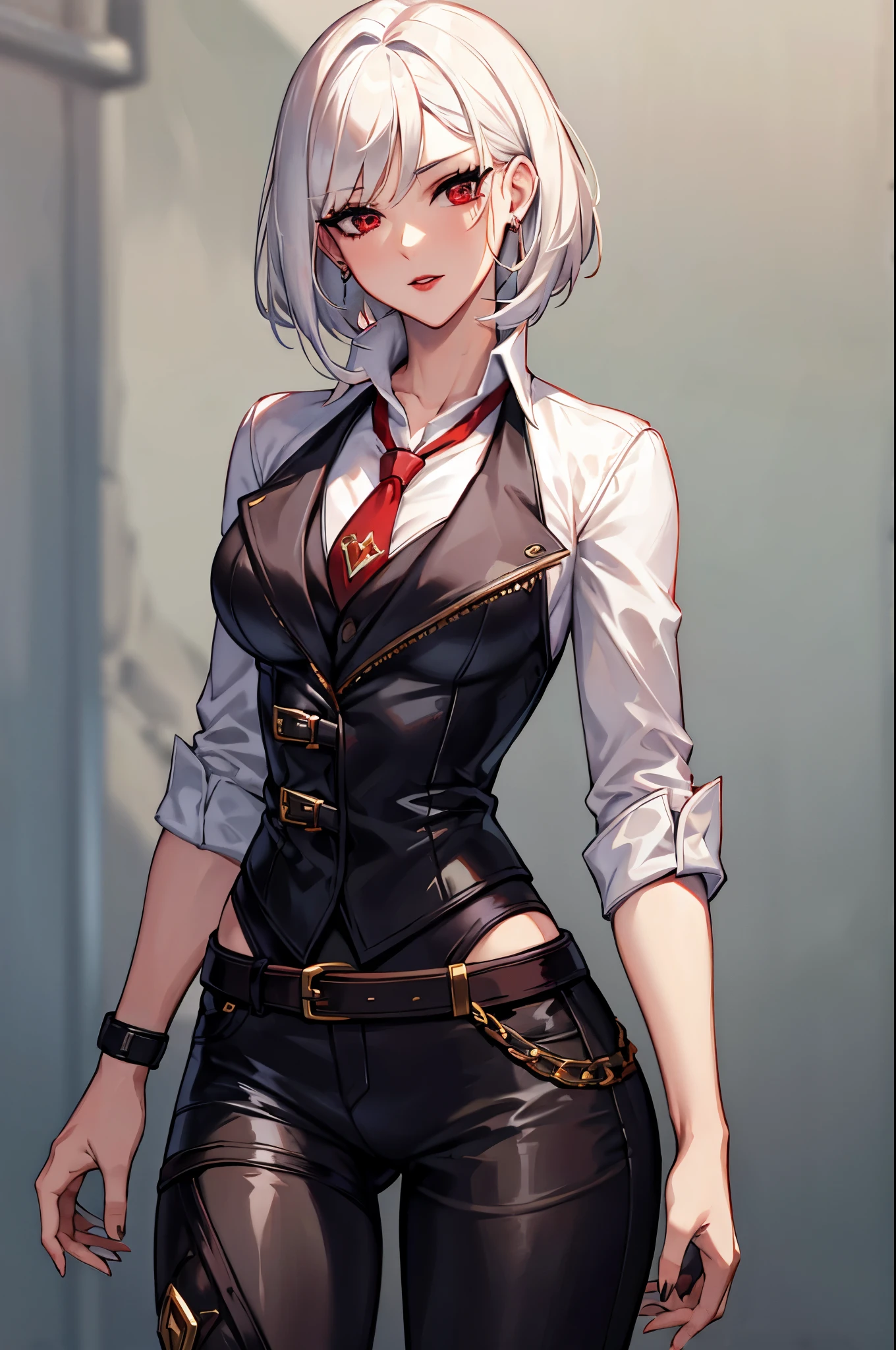 (masterpiece, best quality:1.2), expressive eyes, perfect face, highres, 1girl, solo, AsheOver, mole, earrings, red eyes, white hair,  medium hair, jewelry, makeup, lipstick, necktie, red necktie, thigh strap, black gloves, belt, stud earrings, red lips, shirt, pants, lips, eyeshadow, standing, upper body, looking at the viewer