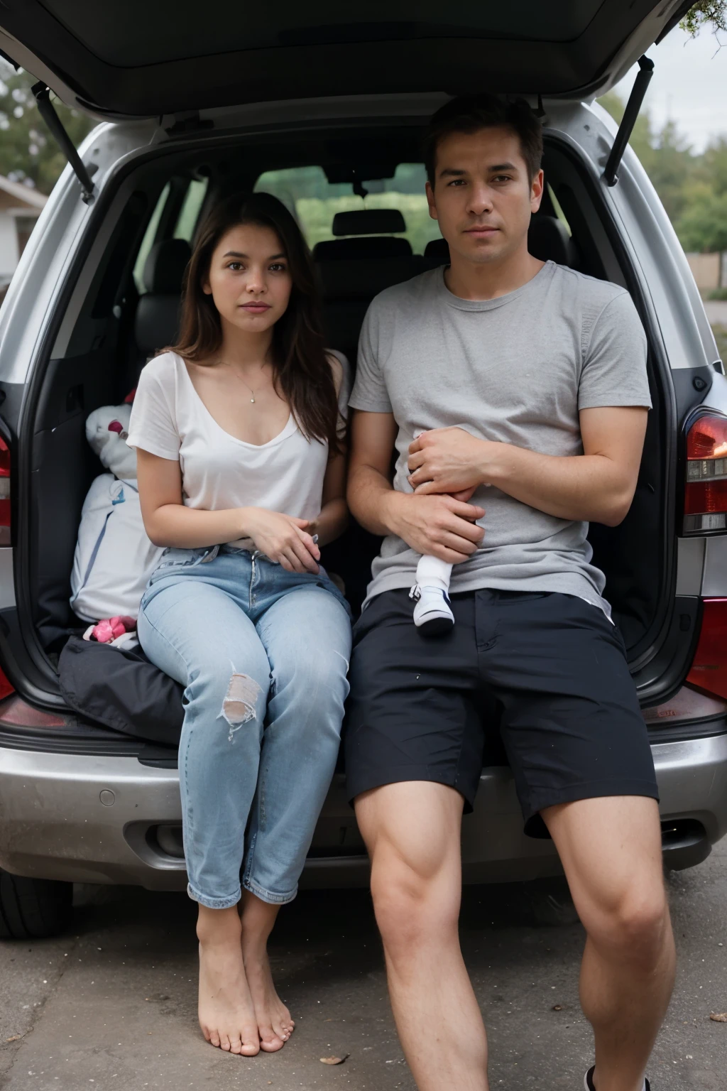 Two men in shorts and shirts making out with a woman in a sexy short dress in the backseat of a car