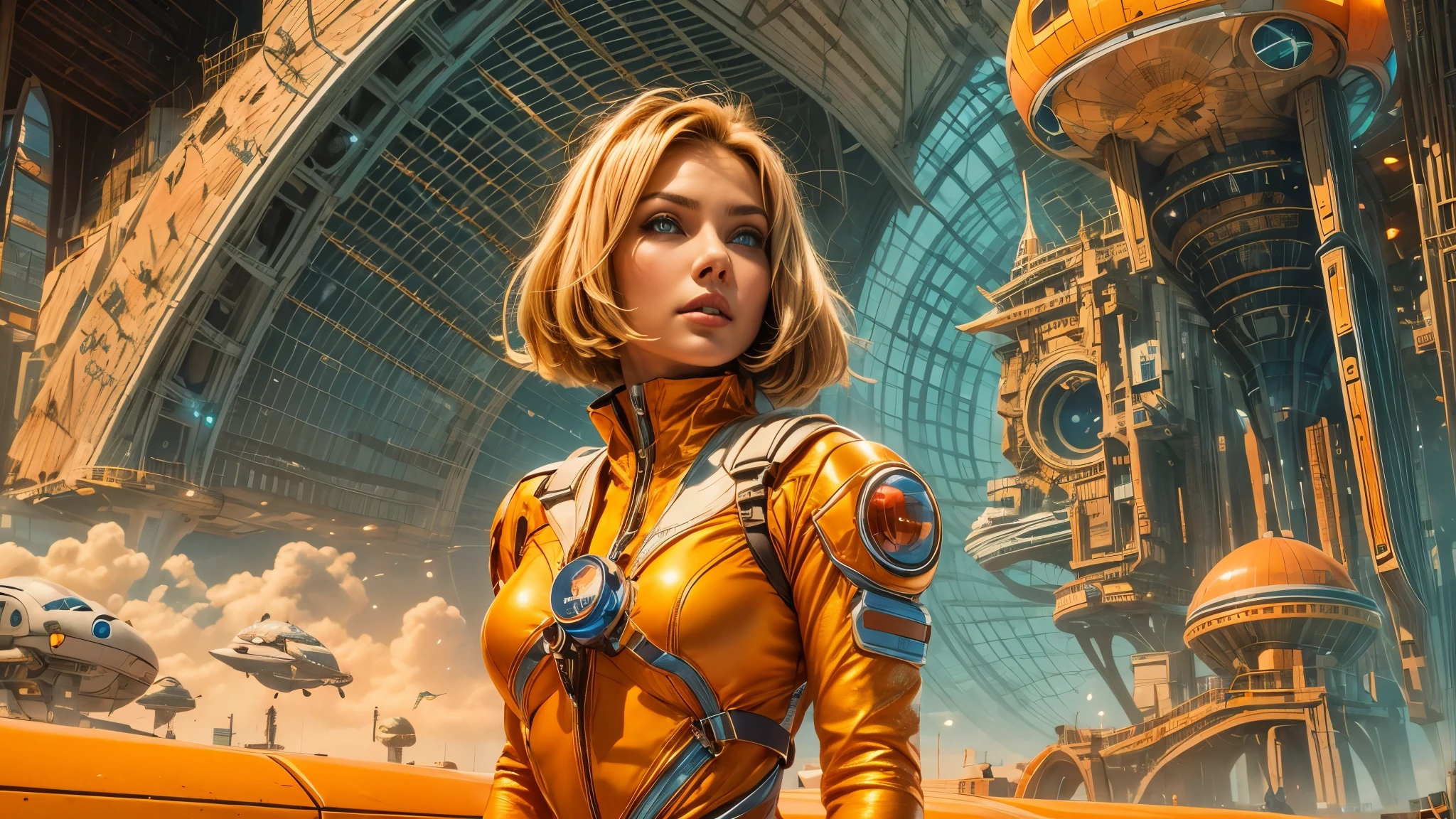 arafed image of a woman in a red dress standing in front of a bunch of robots, barbarella, epic rpg artwork, orange dawn, inspired by Noriyoshi Ohrai, art for the film in color, juxtapoz, widescreen, inspired by ken kelly, 2070s, saturno buttò, matriarchy --auto --s2