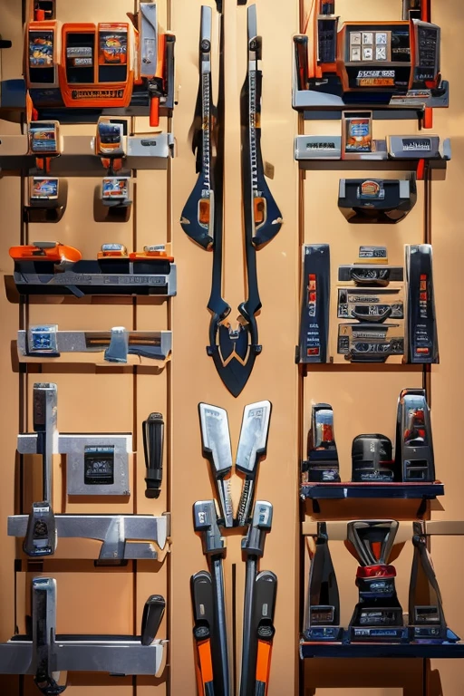 The image shows a collection of power tools and equipment arranged on a wooden surface. A blue cordless drill with a black handle and silver blades is positioned on the left side, with a yellow measuring tape lying next to it. On the right side, a black and silver circular saw with a black handle and silver blades is placed, and a pair of orange safety gloves is also present