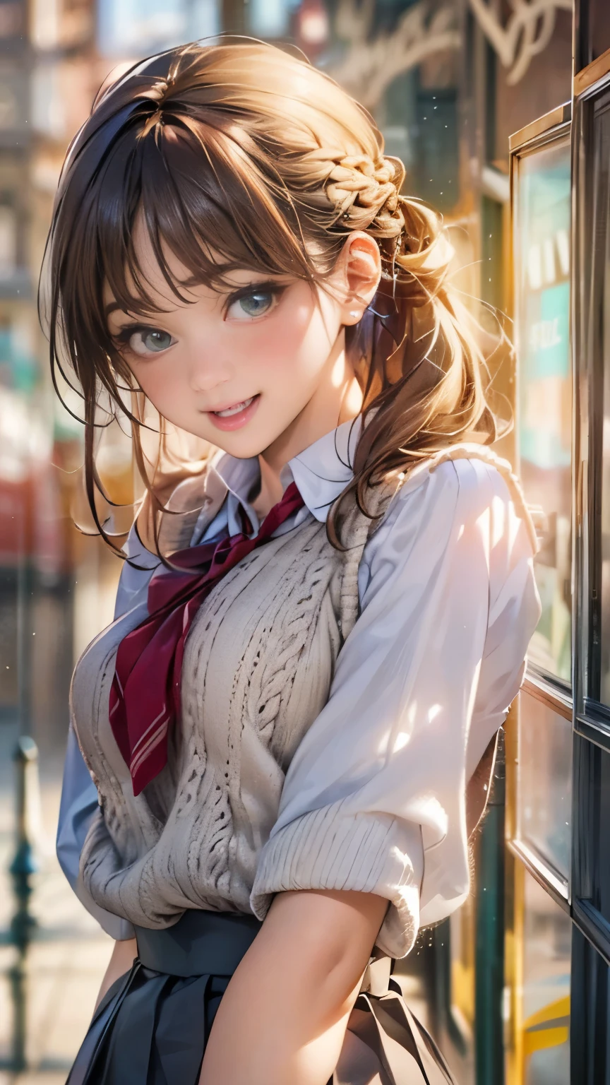 (masterpiece:1.2, highest quality), (Realistic, photoRealistic:1.4), Beautiful illustrations, (natural side lighting, Cinema lighting), NSFW,
Watching the audience, upper body, 1 girl, Japanese, high school girl, , Perfect Face, cute and symmetrical face, Glowing Skin,
(short hair, braid, Light brown hair), bangs, emerald greeneyes, Big eyes, Long eyelashes, (medium breasts),
Beautiful Hair, Beautiful Face, beautiful detailed eyes, Beautiful clavicle, beautiful body, Beautiful breasts, Beautiful thighs, Beautiful legs, Beautiful fingers,
((white collared shirts, dark grey pleated mini skirt, yellow grown knitted vest), dark red bow tie),
(Beautiful views), evening, (School corridor), walk, waving hand, ((;d)),