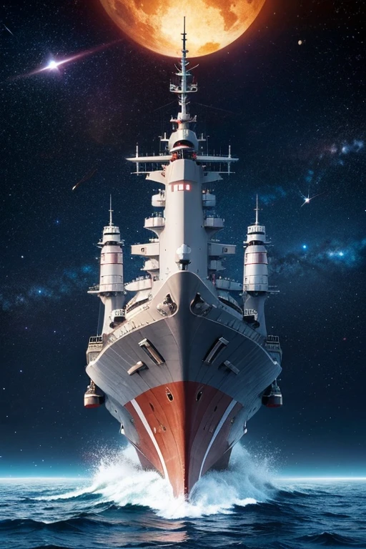 The Yamato space battleship in Japanese anime sails in the vast galaxy