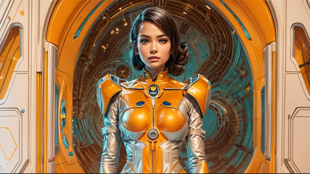 arafed image of a woman in a futuristic suit with a spaceship in the background, movie art, in front of an orange background, inspired by Robert McGinnis, female protagonist, megastructure in the background, portrait of an ai astronaut, astronauts, an astronaut, portrait of a astronaut skeletor, perfect android girl, frank franzzeta and sakimichan