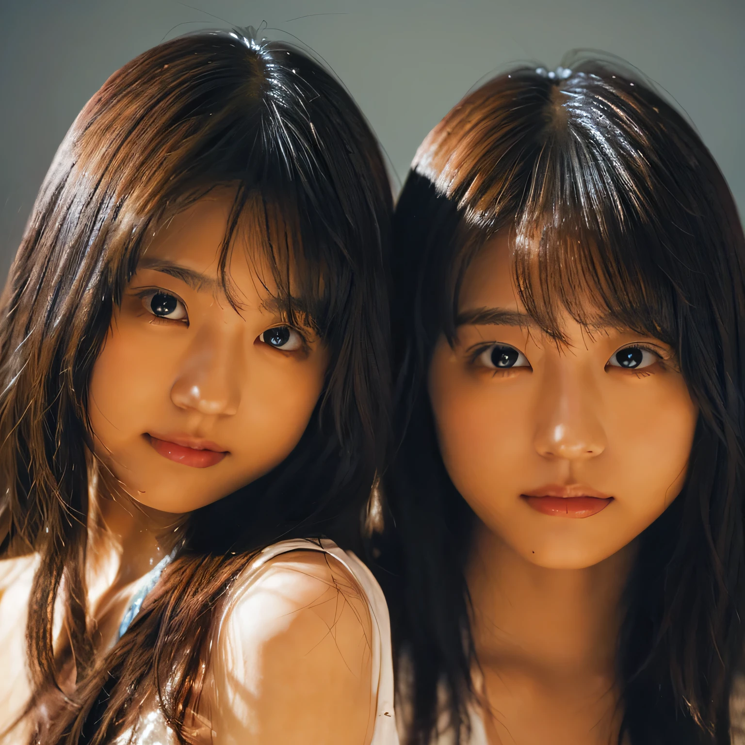 Identical twin sisters、Very detailed CG Unity 32k wallpaper, Realistic , photo-Realistic , RAW Photos , High quality RAW color photo , Professional photos , highest quality , 超A high resolution , Very detailed , Official photo . Losing focus , Detailed Shadows , Soft lighting , Bokeh , bloom , Light from the front , Cinema Lighting , The light shines on your face , Beautiful lighting , Retro environment , camera flash , Polaroid photo , I will fix it , gradual tone , Film Grain . Adorable girl , kind , thank you , Captivating smile , Natural Makeup , Beautiful Eyes , Big eyes , Natural Eyes . Thin eyebrows . Breaking a small chest . slim . Short length . Beautiful Skin . Glowing Skin . Smooth skin . Natural Skin . Blake's Viewpoint . ((close)) . (Beautiful Face) .Identical twin sisters、 Half Body Shot,Cute girl with high detail,(20-year-old)、