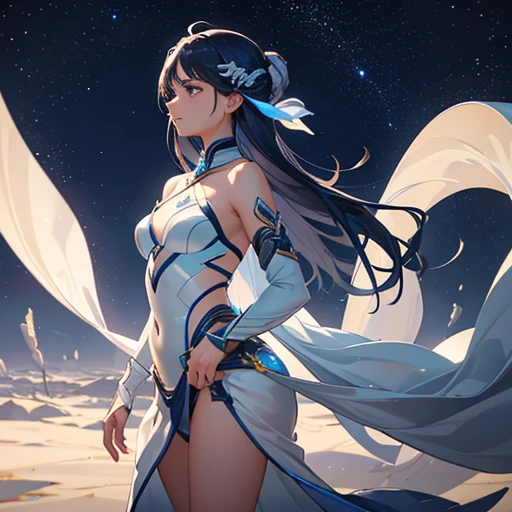 In the ethereal glow of the Andromeda constellation, a warrior named Kaiya stood vigilant on the desolate plains, her silhouette a stark contrast against the cosmic expanse. With a resolve as steadfast as the stars, she guarded the secrets of the universe whispered by the winds of time. As Andromeda's light bathed the land in a celestial ballet,
