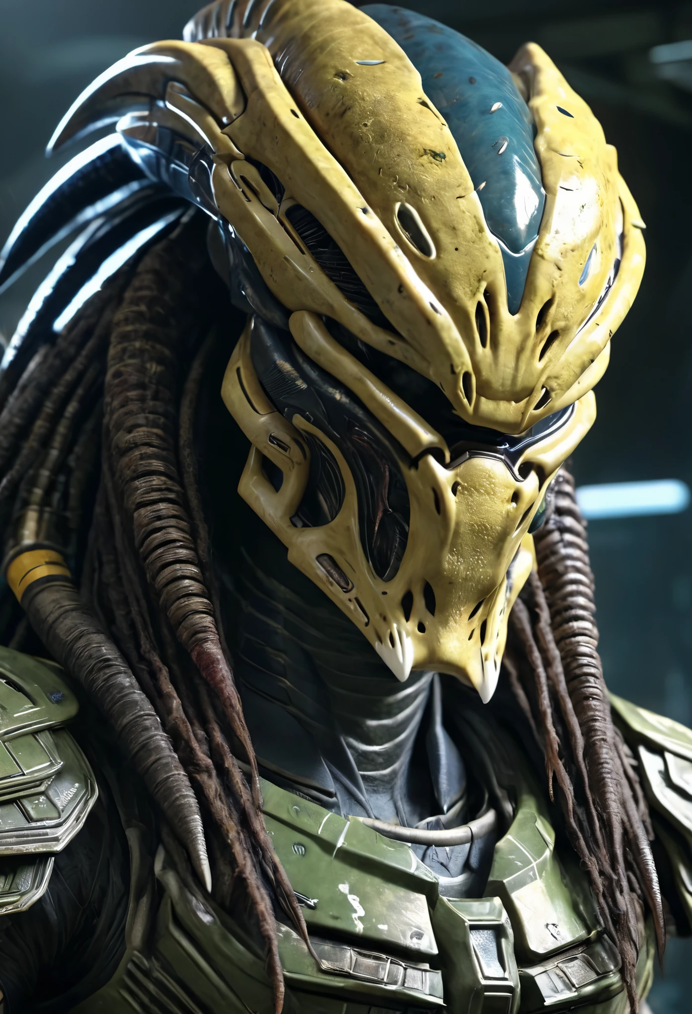 alien predator wearing gundam suit clothing, solo, male, sharp teeth, upper body, looking at viewer, photorealistic, 8k, unreal engine, inspired by HR Giger, half body portrait, highly detailed, 8k,