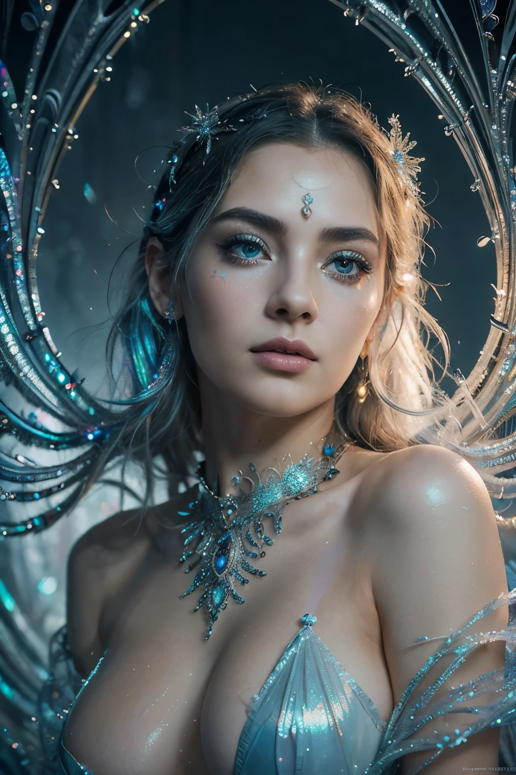 A mesmerizingly complex swan girl whose every feature is meticulously rendered with vibrant colors and surreal details: shimmering feathers, iridescent patterns swirling across her skin, and eyes that seem to contain snowflakes. This breathtaking masterpiece of surrealism is a painting that exudes a sense of otherworldly beauty, icy freshness and meticulous attention to detail, captivating viewers with its high quality craftsmanship and dreamlike appeal. Gothic, neo-noir, super detail, photorealism, hyperrealism, minimalism, art photography, Super quality