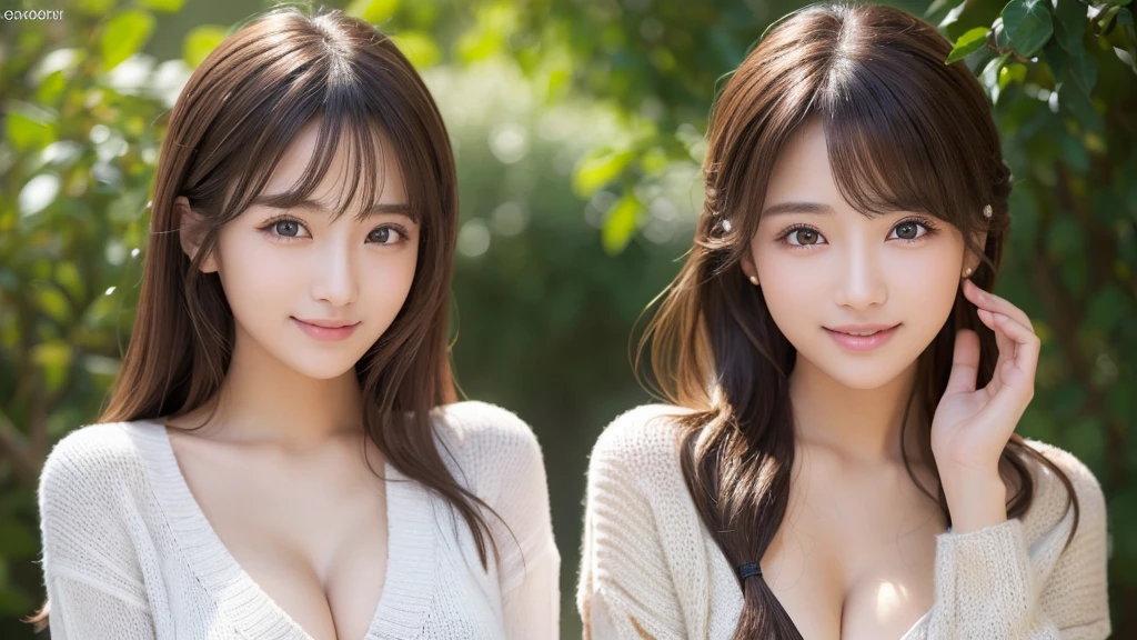 (masterpiece:1.3), (8K, Photoreal, Raw photo, best image quality: 1.4), Japanese high school girl、Similar twins、2 girls、(random hairstyle:1.2)、cleavage:1.2、super detail face、eye for details、double eyelid、chest to chest、sharp focus:1.2、Beautiful woman:1.4、light brown hair、highest quality、masterpiece、Super high resolution、(Photoreal:1.4)、Highly detailed and professionally lit smiles、loose and light knitwear