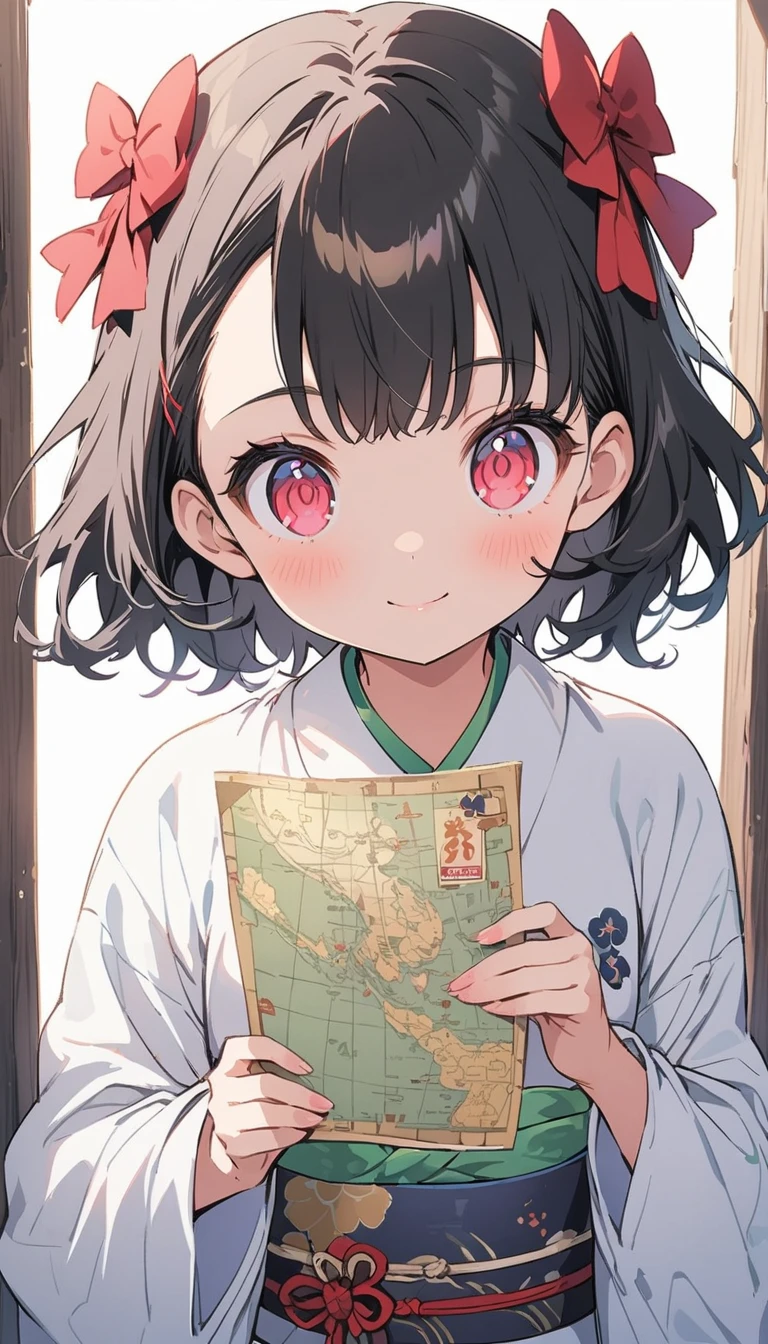 (highest quality、masterpiece、High resolution、detailed)animeスタイル、flat style、(Shining Eyes、detailed美しい顔), BREAK,1 girl、Japan in the Bunsei era、Kimono Komachi、Holding old Japanese paper in both handaking a map of Japan while traveling、Dynamic Angles、Japanese style、anime