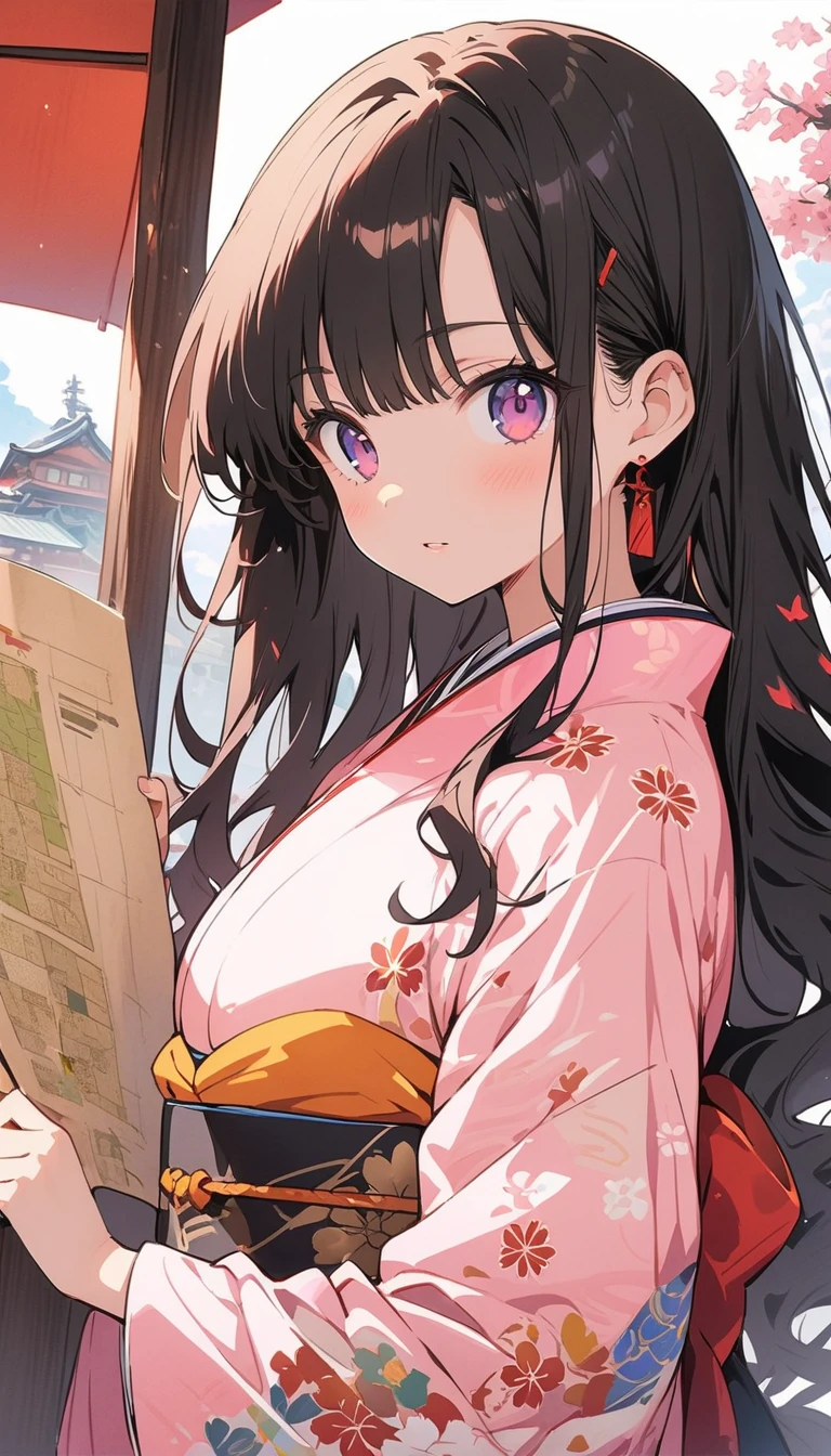(highest quality、masterpiece、High resolution、detailed)animeスタイル、flat style、(Shining Eyes、detailed美しい顔), BREAK,1 girl、Japan in the Bunsei era、Kimono Komachi、Holding old Japanese paper in both handaking a map of Japan while traveling、Dynamic Angles、Japanese style、anime