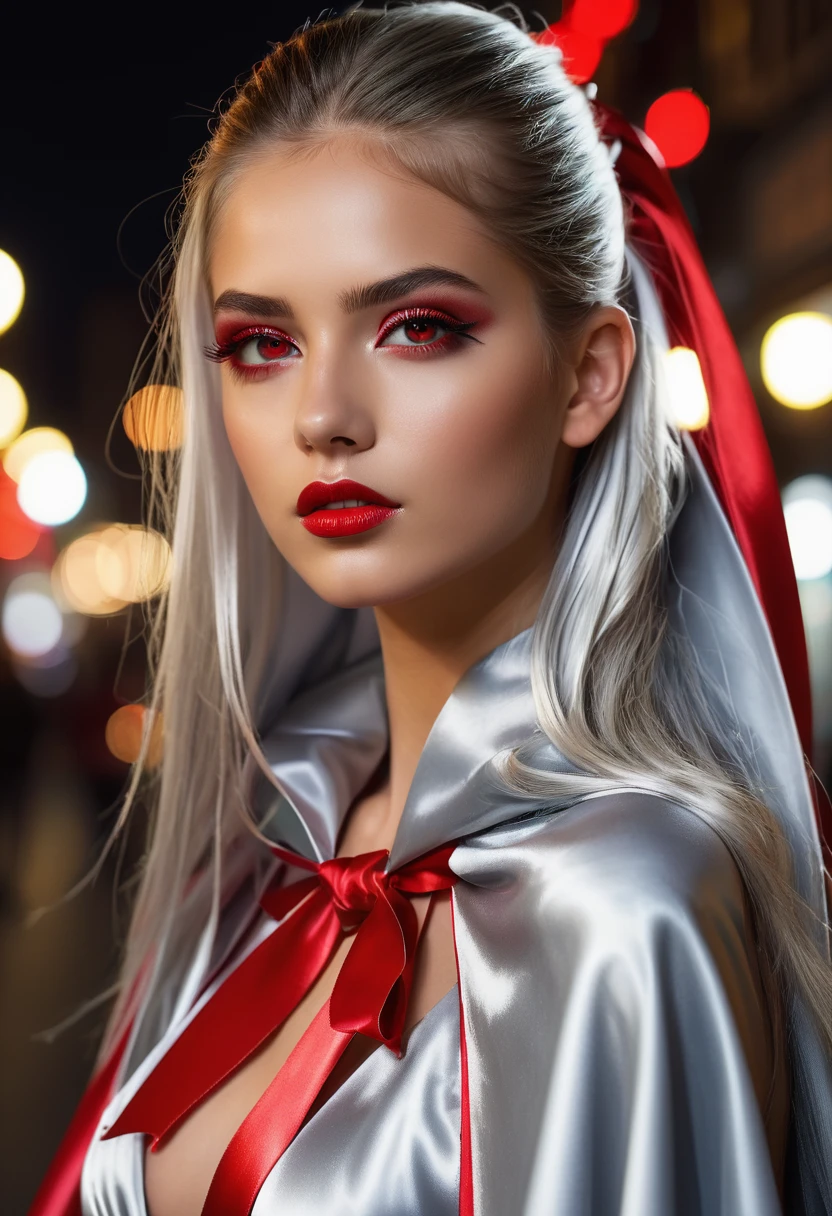 (RAW Photo) , (highly detailed:1.20) , ultra realistic :1.10) ,sexy girl in her 20s , (perfect face:1.20) , (detailed red eyes:1.20) , with long silver hair in ponytail , (((long silver satin cape tied at the neck with a ribbon :1.20))) , naked , full body, walking down street at night , high-quality ultra realistic style, detailed eyes, professional, expressive , 8K , highly detailed , professional,