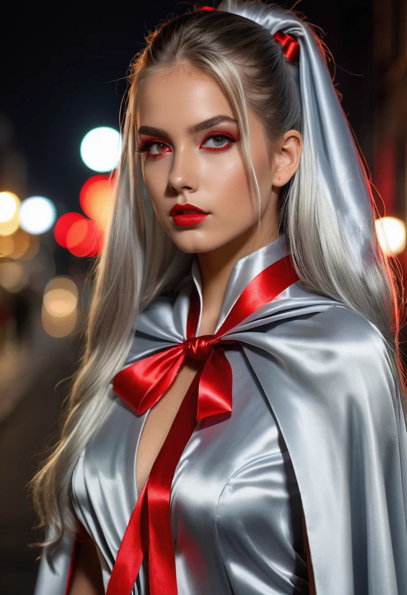 (RAW Photo) , (highly detailed:1.20) , ultra realistic :1.10) ,sexy girl in her 20s , (perfect face:1.20) , (detailed red pupils :1.20) , with long silver hair in ponytail , (((long silver satin cape tied at the neck with a ribbon :1.20))) , naked , full body, walking down street at night , high-quality ultra realistic style, detailed eyes, professional, expressive , 8K , highly detailed , professional,