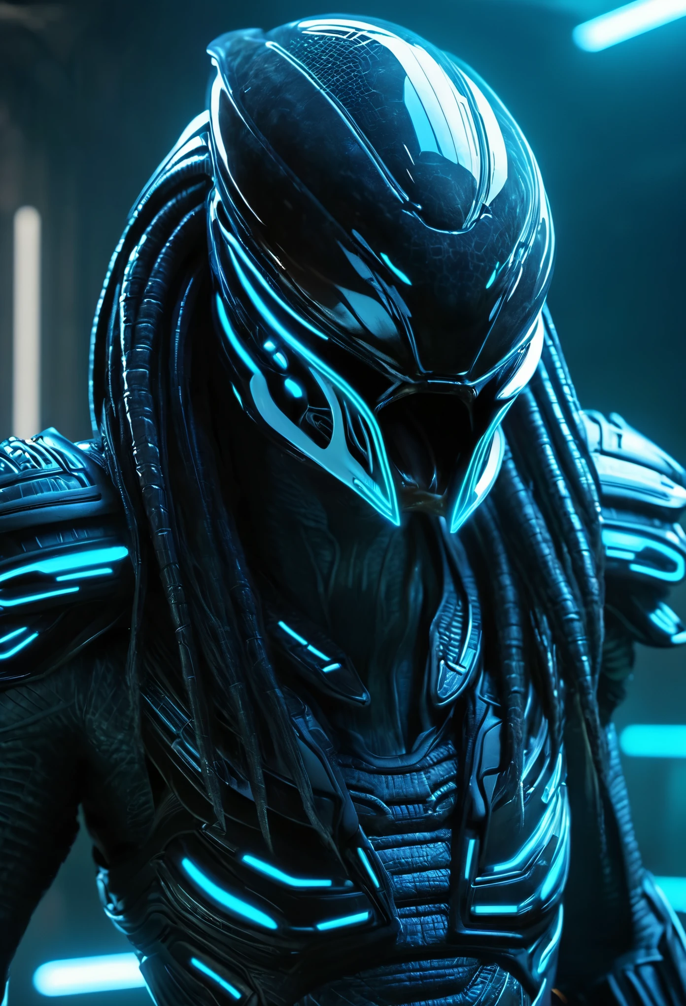 alien predator wearing tron suit clothing, solo, male, sharp teeth, upper body, looking at viewer, photorealistic, 8k, unreal engine, inspired by HR Giger, half body portrait, highly detailed, 8k,