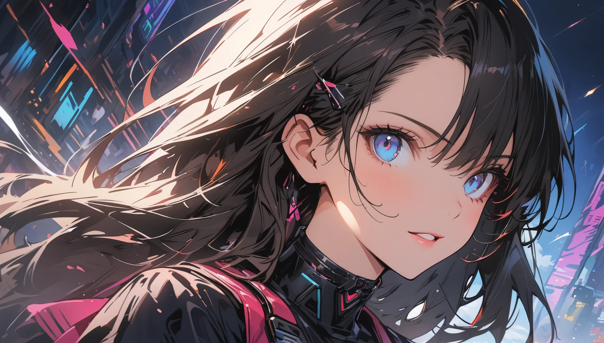 (highest quality、masterpiece、High resolution、detailed)animeスタイル、flat style、(Shining Eyes、detailed美しい顔),  BREAK,1 girl、Close-up of woman in black and blue dress, Highly detailed digital art in 4K, 4K のdetailedなデジタルアート, Digital Art 4k, Amazing digital illustrations, Beautiful SF Girl Portrait, SF Women&#39;s Portraits, Digital Art 4k, Portrait of a cyberpunk girl, Beautiful cyberpunk girl face, Epic portrait illustration  、Dynamic Angles、anime