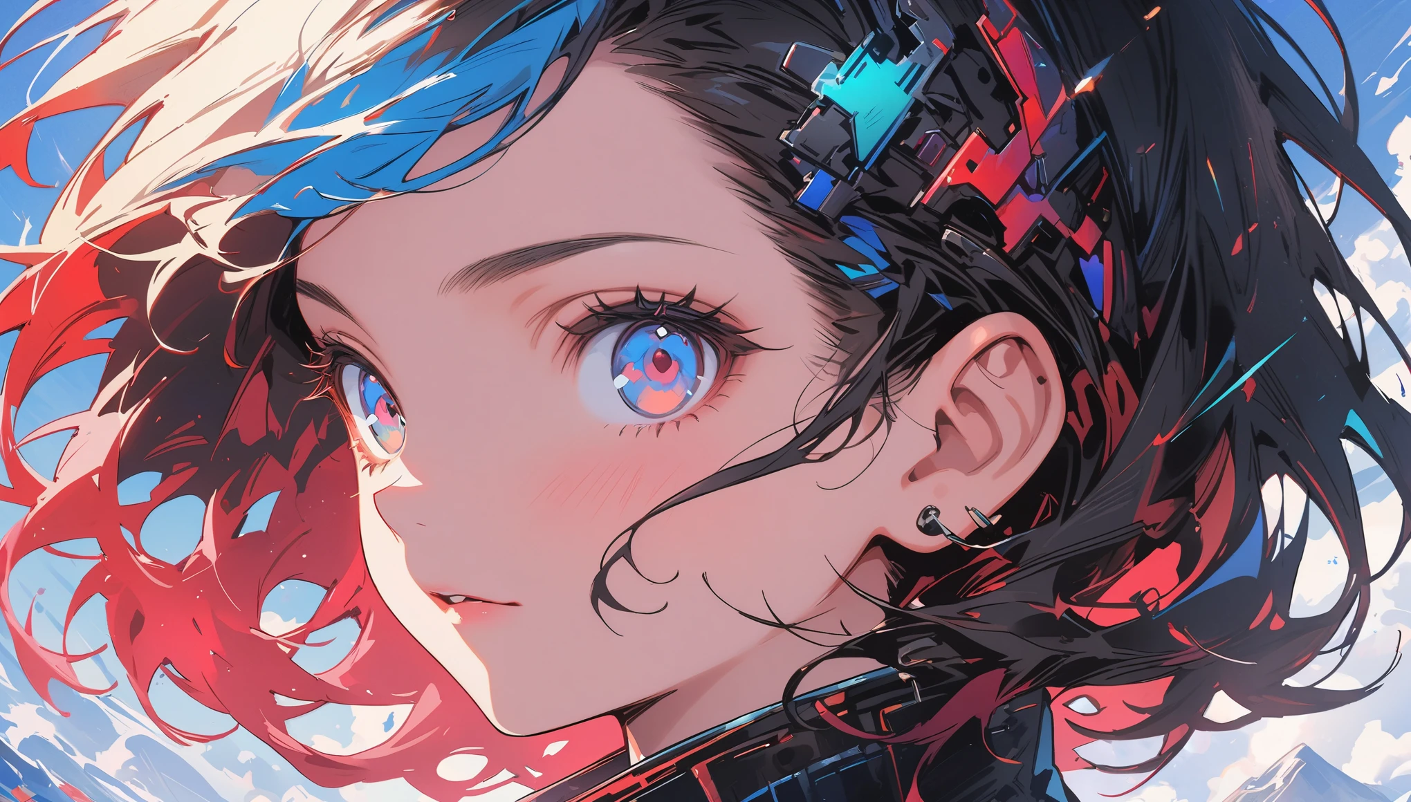 (highest quality、masterpiece、High resolution、detailed)animeスタイル、flat style、(Shining Eyes、detailed美しい顔), BREAK,1 girl、Close-up of woman in black and blue dress, Highly detailed digital art in 4K, 4K のdetailedなデジタルアート, Digital Art 4k, Amazing digital illustrations, Beautiful SF Girl Portrait, SF Women's Portraits, Digital Art 4k, Portrait of a cyberpunk girl, Beautiful cyberpunk girl face, Epic portrait illustration 、Dynamic Angles、anime