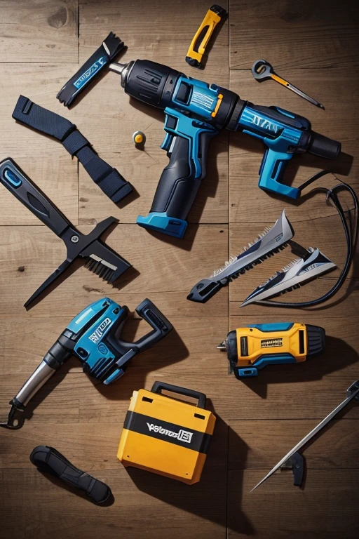 The image shows a collection of power tools and equipment arranged on a wooden surface. A blue cordless drill with a black handle and silver blades is positioned on the left side, with a yellow measuring tape lying next to it. On the right side, a black and silver circular saw with a black handle and silver blades is placed, and a pair of orange safety gloves is also present