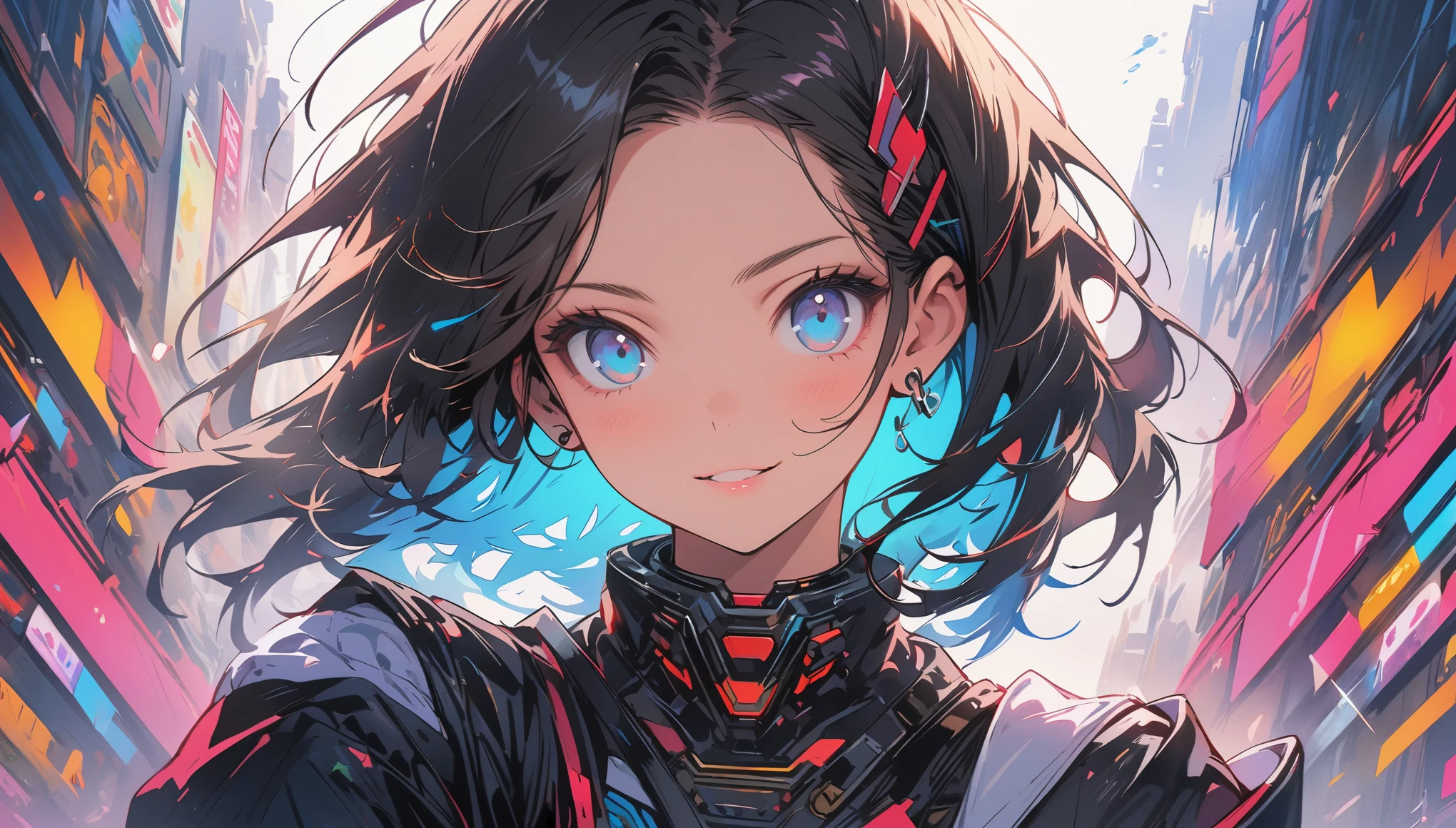 (highest quality、masterpiece、High resolution、detailed)animeスタイル、flat style、(Shining Eyes、detailed美しい顔),  BREAK,1 girl、Close-up of woman in black and blue dress, Highly detailed digital art in 4K, 4K のdetailedなデジタルアート, Digital Art 4k, Amazing digital illustrations, Beautiful SF Girl Portrait, SF Women&#39;s Portraits, Digital Art 4k, Portrait of a cyberpunk girl, Beautiful cyberpunk girl face, Epic portrait illustration  、Dynamic Angles、anime