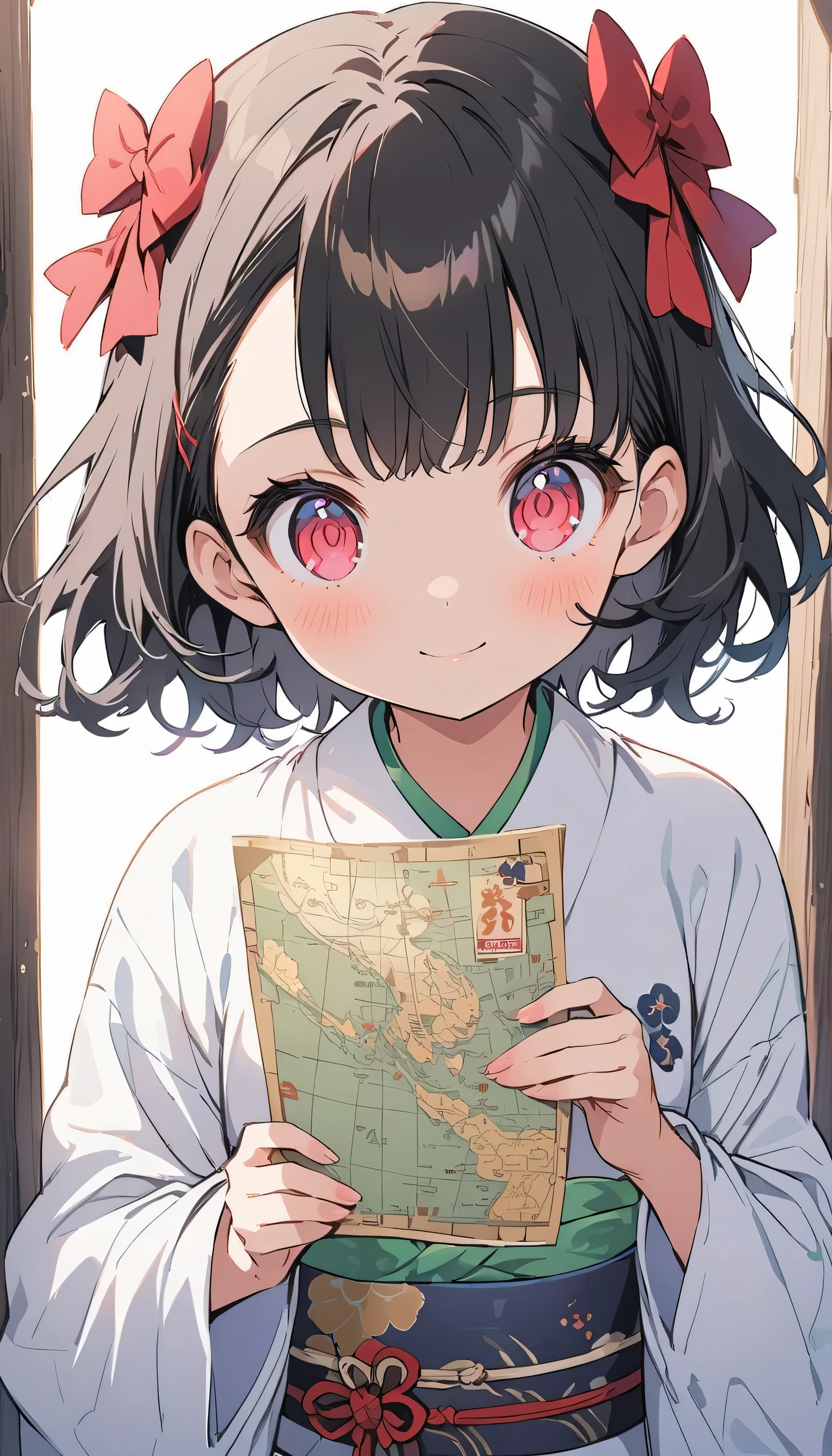 (highest quality、masterpiece、High resolution、detailed)anime style、flat style、(Shining Eyes、Beautiful Face), BREAK,1 girl、Japan in the Bunsei era、Kimono Komachi、Holding old Japanese paper in both handaking a map of Japan while traveling、Dynamic Angles、Japanese style、anime