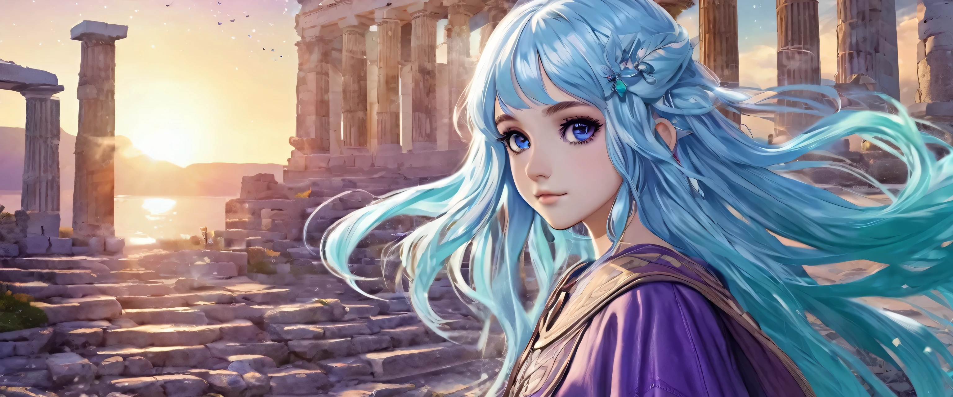 Masterpiece. High-resolution. 1girl about 20 years old. Pretty beautiful girl. Pretty big purple eyes. Delicate face. (((Long light blue hair))). Straight hair. Messy hair. Hair bangs. Turquoise tunic. Purple tide pants. Leather boots. Greek ruins background with cosmic Sky.