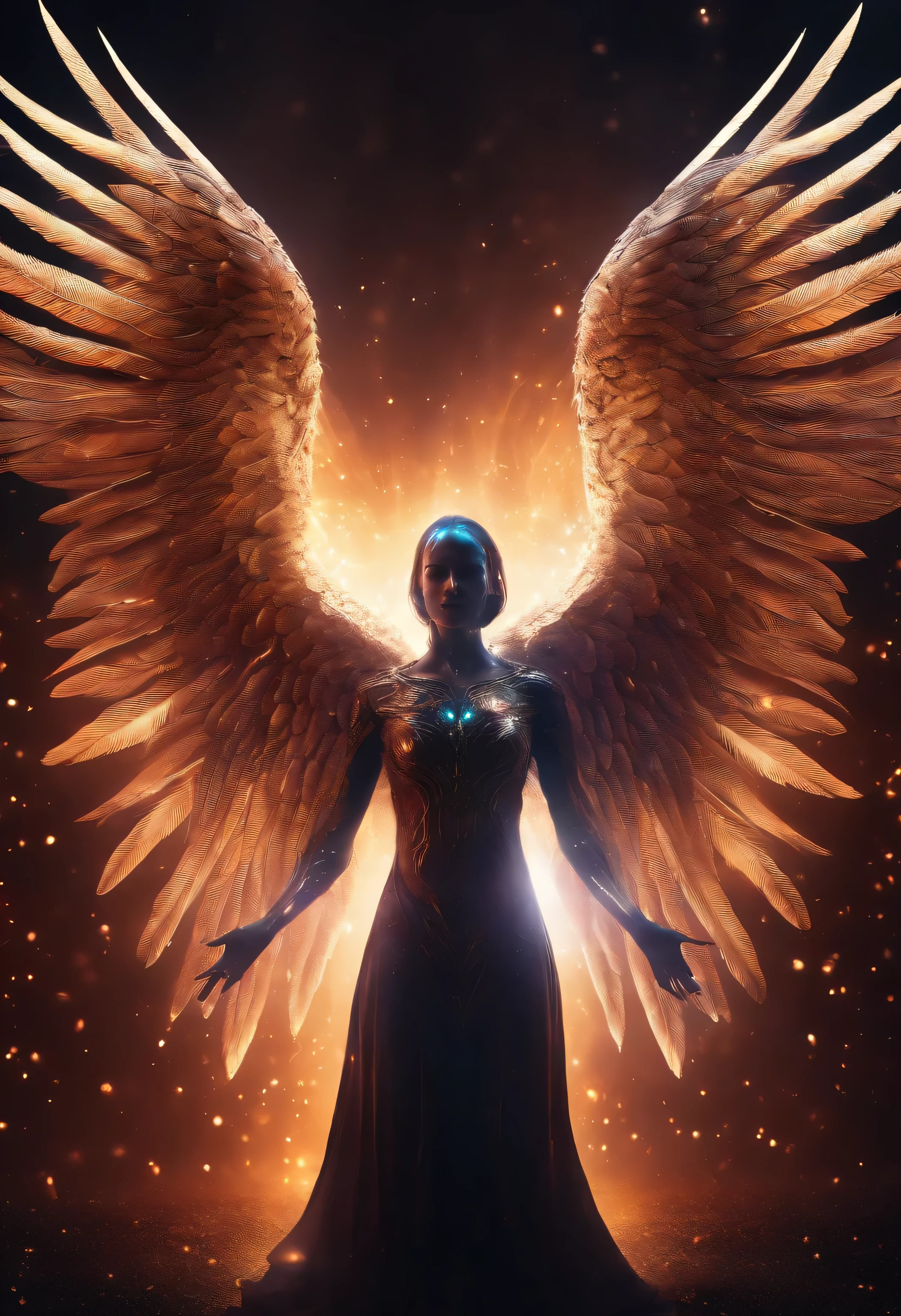 Cosmic Fallen Angel, glowing light eyes, Biomechanical, eerie, Creepy, nightmarish, Very bright colors, Light particles, with light glowing, Mshiff, wallpaper art, UHD wallpaper