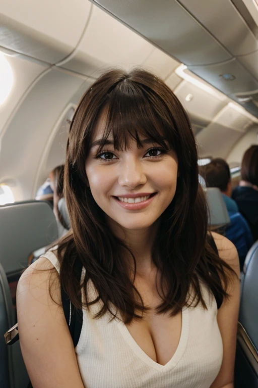1 Beautiful woman with bangs smiling in airplane