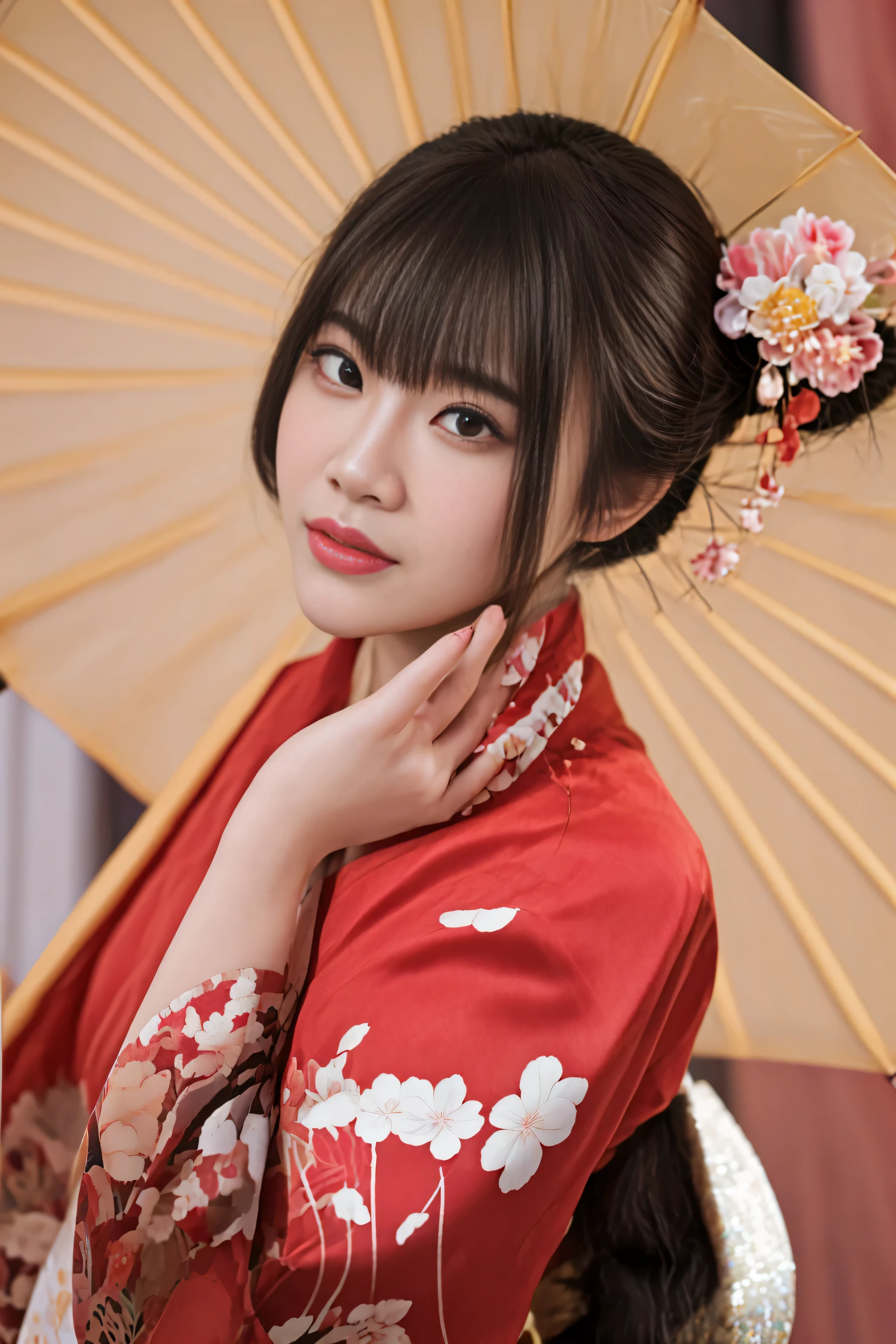 there is a woman in a red kimono with a yellow umbrella, japanese woman, elegant japanese woman, geisha photo portrait, wearing a red cheongsam, portrait of a japanese girl, traditional japanese, japanese model, red kimono, japaneese style, in kimono, of a youthful japanese girl, wearing kimono, japanese, portrait of a japanese teen