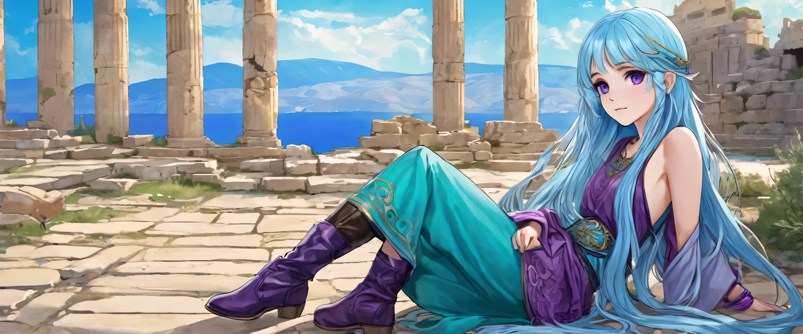 Masterpiece. High-resolution. 1girl about 20 years old. Pretty beautiful girl. Pretty big purple eyes. Delicate face. (((Long light blue hair))). Straight hair. Messy hair. Hair bangs. Turquoise tunic. Purple tide pants. Leather boots. Greek ruins background with cosmic Sky.