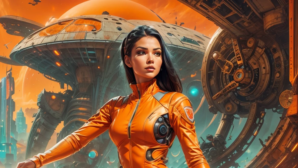 arafed image of a woman in a futuristic suit with a spaceship in the background, movie art, in front of an orange background, inspired by Robert McGinnis, female protagonist, megastructure in the background, portrait of an ai astronaut, astronauts, an astronaut, portrait of a astronaut skeletor, perfect android girl, detailed eyes, frank franzzeta and sakimichan  