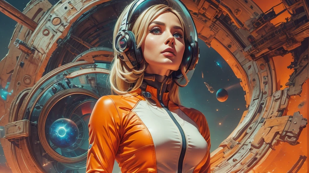 arafed image of a woman in a futuristic suit with a spaceship in the background, movie art, in front of an orange background, inspired by Robert McGinnis, female protagonist, megastructure in the background, portrait of an ai astronaut, astronauts, an astronaut, portrait of a astronaut skeletor, perfect android girl, detailed eyes, frank franzzeta and sakimichan  