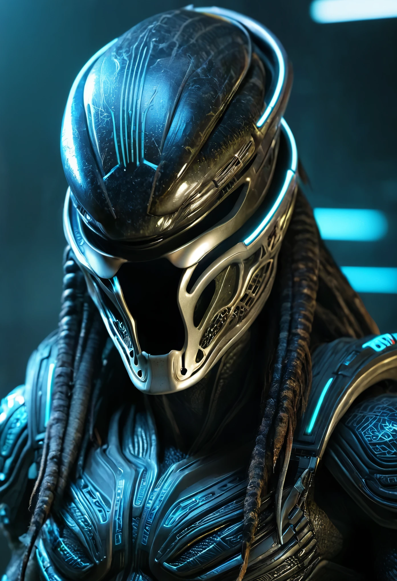 alien predator wearing tron suit clothing, solo, male, sharp teeth, upper body, looking at viewer, photorealistic, 8k, unreal engine, inspired by HR Giger, half body portrait, highly detailed,