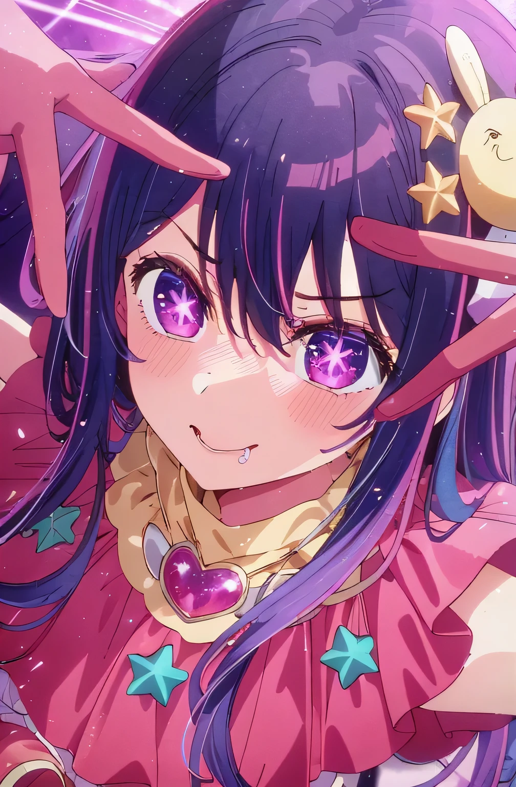masterpiece、Very detailed、(One Girl:1.2)、Purple Hair、Pink Dress、Big eyes、Close-up、Laughter、8k 、ai hoshino、Live Performance Venues, She is in the center of the poster,