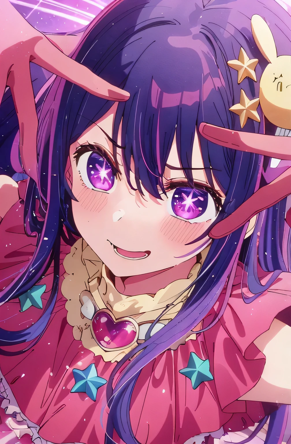 masterpiece、Very detailed、(One Girl:1.2)、Purple Hair、Pink Dress、Big eyes、Close-up、Laughter、8k 、ai hoshino、Live Performance Venues, She is in the center of the poster,