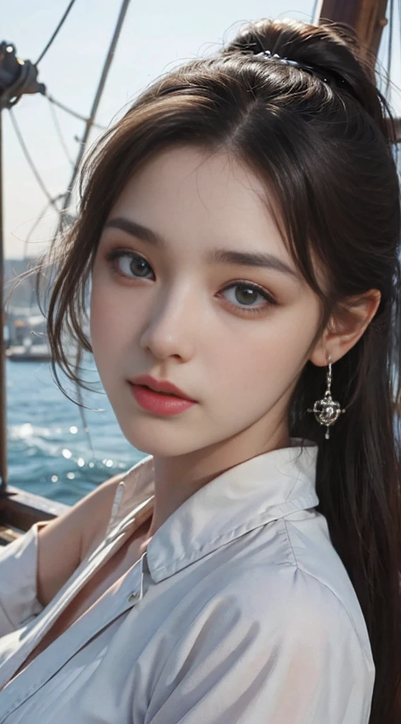 (1 girl;1.3), solo,(((very detailled face))),(((Very detailed eyes and face))),Beautiful Detail Eye,Body parts_,official arts,Unified 8k wallpaper,is super detailed,Beautiful and beautiful,bella,MasterPiece,best best quality,primitive, MasterPiece,ultra fine photo,best best quality,extra high resolution,photorealistic realism,sunrays,fullbody portrait, amazingly beautiful,dynamicpose,Delicate Faces,vibrant eye,(FROM FRONT),large breasted,Female pirate,on a pirate ship,Detailed face,Highly detailed skin