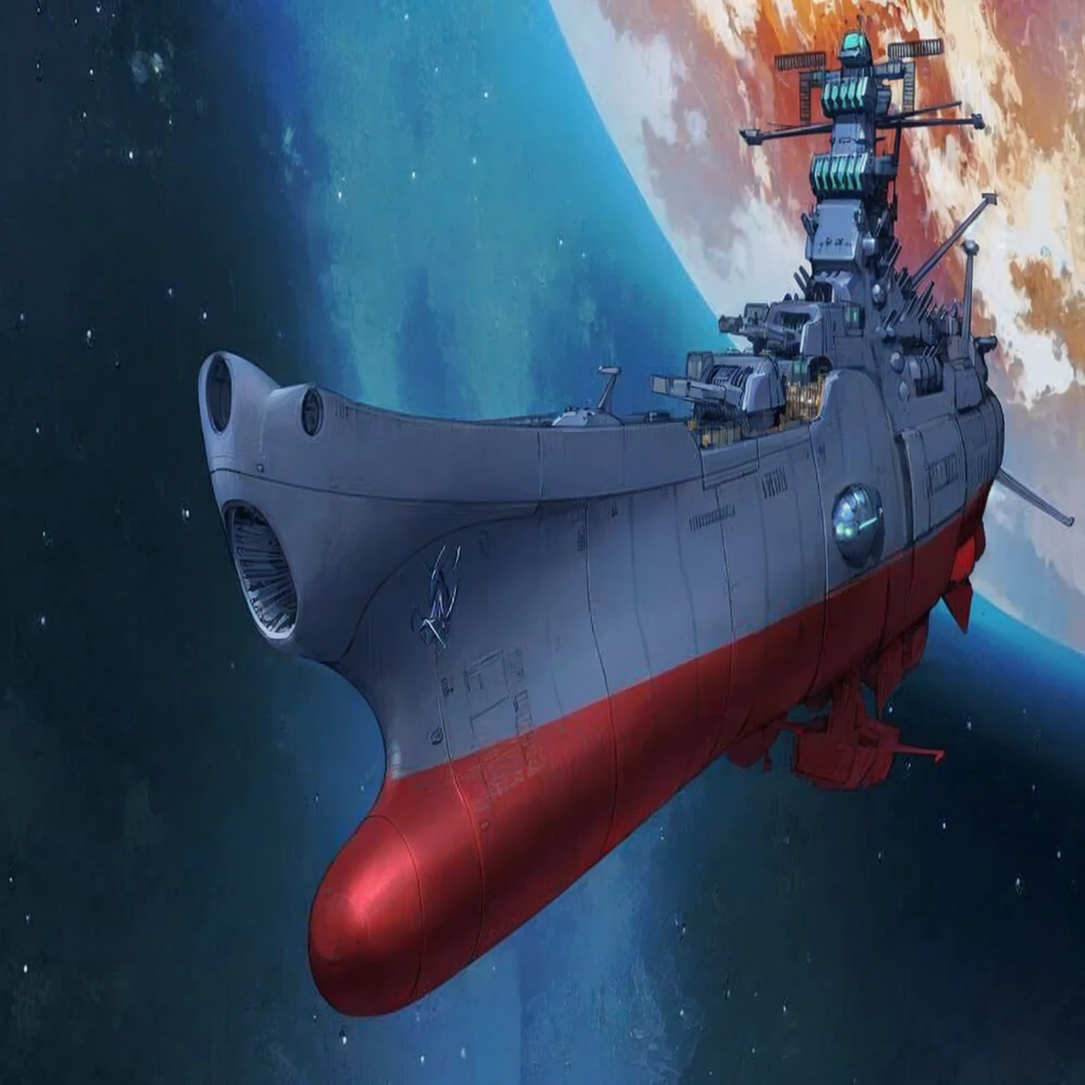 Spaceship flying over a ship in space,The background is a planet, Yamato, realistic warship design, Kilo, captain, detailed spaceship, Fleet Collection Style, Chrono Fortress, Chrono Fortress franchise, The Golden Fleet, From the Azur Lane video game, space ship, style of Chrono Fortress, Chrono Fortress frontier