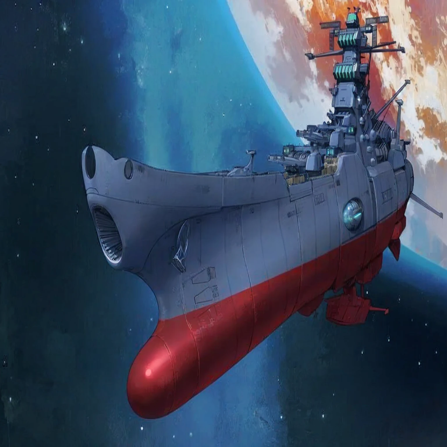 Spaceship flying over a ship in space,The background is a planet, Yamato, realistic warship design, Kilo, captain, detailed spaceship, Fleet Collection Style, Chrono Fortress, Chrono Fortress franchise, The Golden Fleet, From the Azur Lane video game, space ship, style of Chrono Fortress, Chrono Fortress frontier