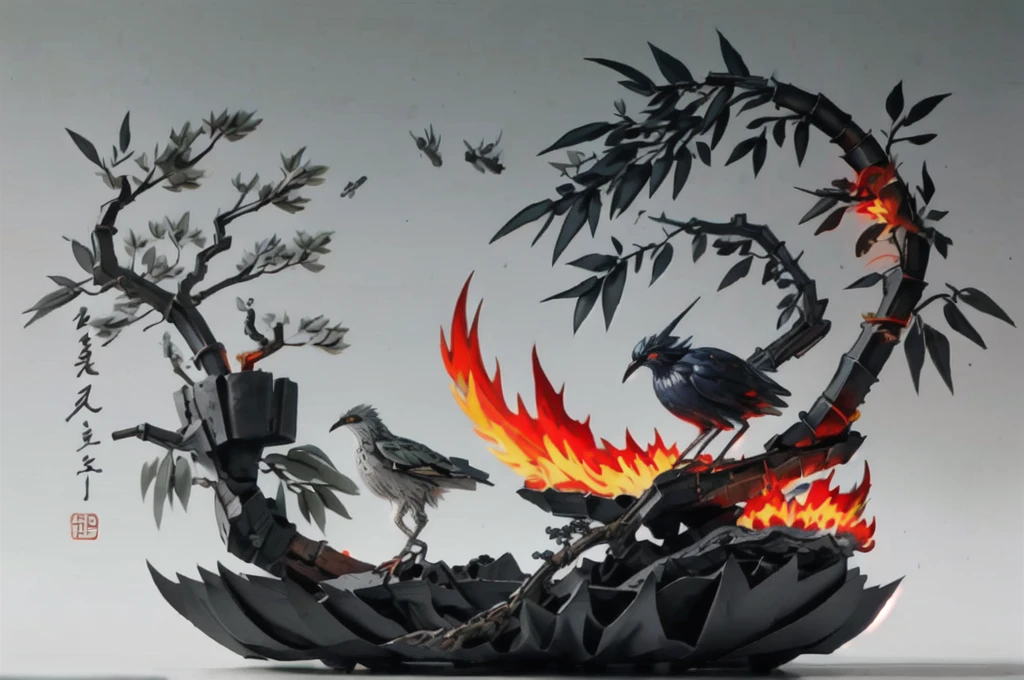 shukezouma, shuimobysim, ((starling)), willow branches, (masterpiece, best quality: 1.2), ((Traditional Chinese ink painting)), model style, bamboo branches, bamboo, wuchangshuo, red, orange, black, fire, starling, bird
