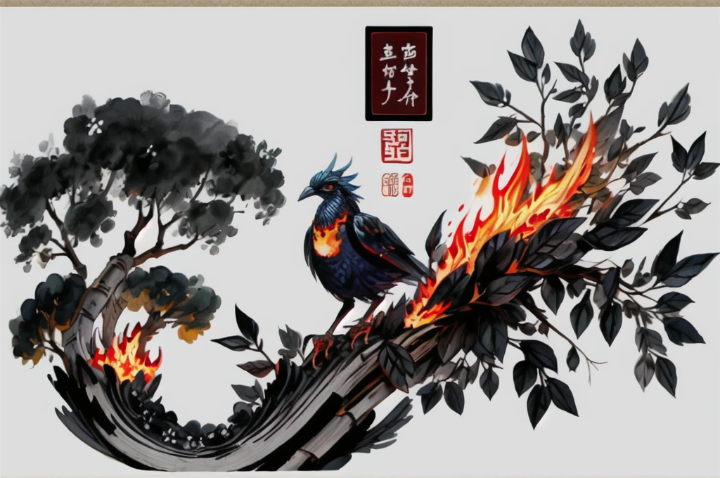 shukezouma, shuimobysim, ((starling)), willow branches, (masterpiece, best quality: 1.2), ((Traditional Chinese ink painting)), model style, bamboo branches, bamboo, wuchangshuo, red, orange, black, fire, starling, bird
