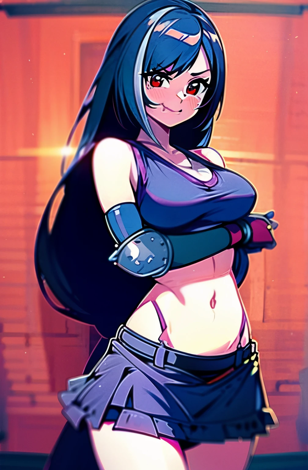 Tifa lockhart, tifa_lockhart, ff7, sultry face, pink tank top, black latex miniskirt, frills, black long hair, hair bangs (red eyes:1.2) long eyelashes, 8k, super detail, best quality, masterpiece, well detailed, combat gloves, big breasts, slim, large , big hips, white thong (smiling)