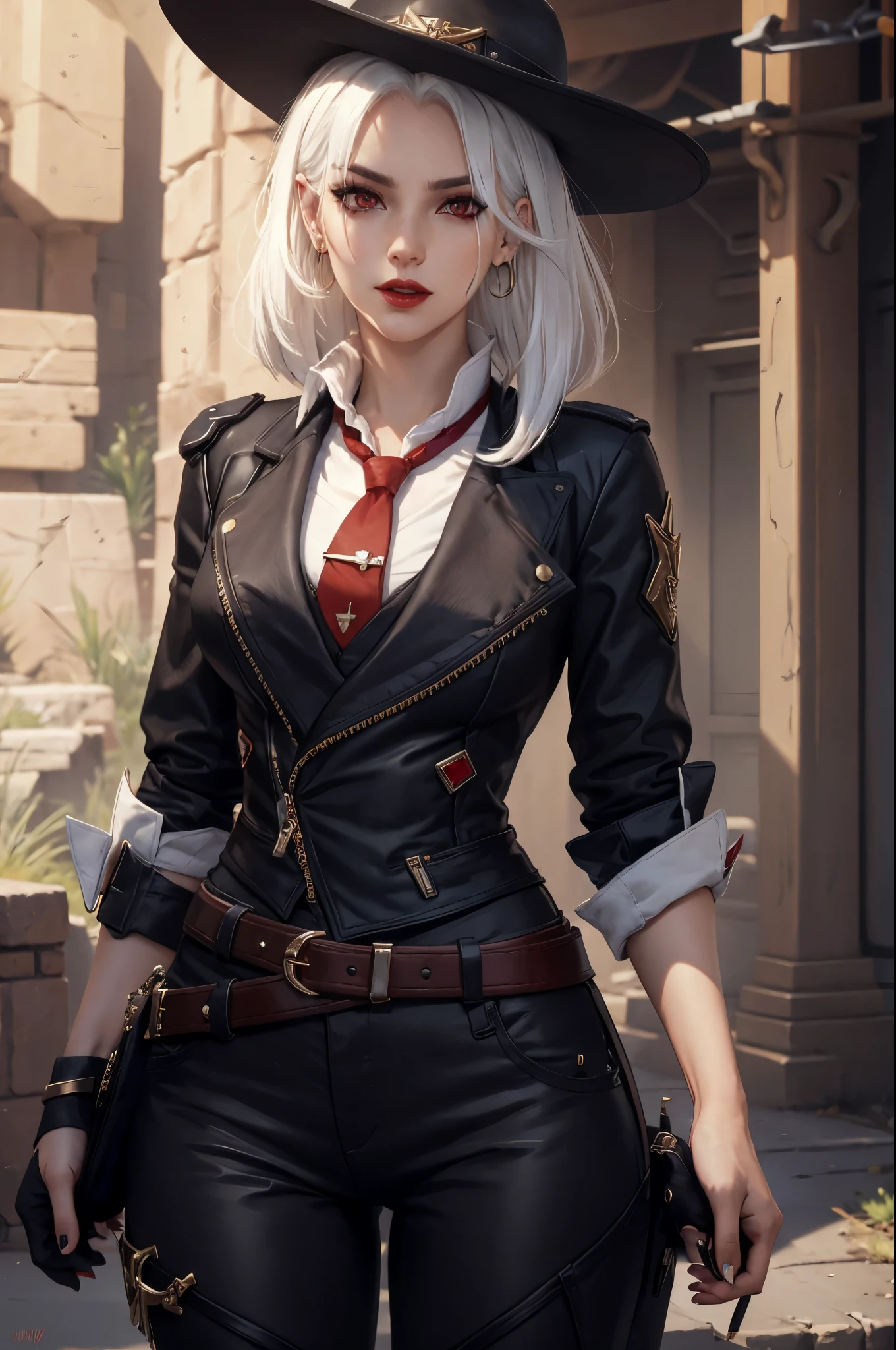 (masterpiece, best quality:1.2), expressive eyes, perfect face, highres, 1girl, solo, AsheOver, mole, earrings, red eyes, white hair,  medium hair, jewelry, makeup, lipstick, necktie, red necktie, thigh strap, black gloves, belt, stud earrings, red lips, shirt, pants, lips, eyeshadow, standing, upper body, looking at the viewer