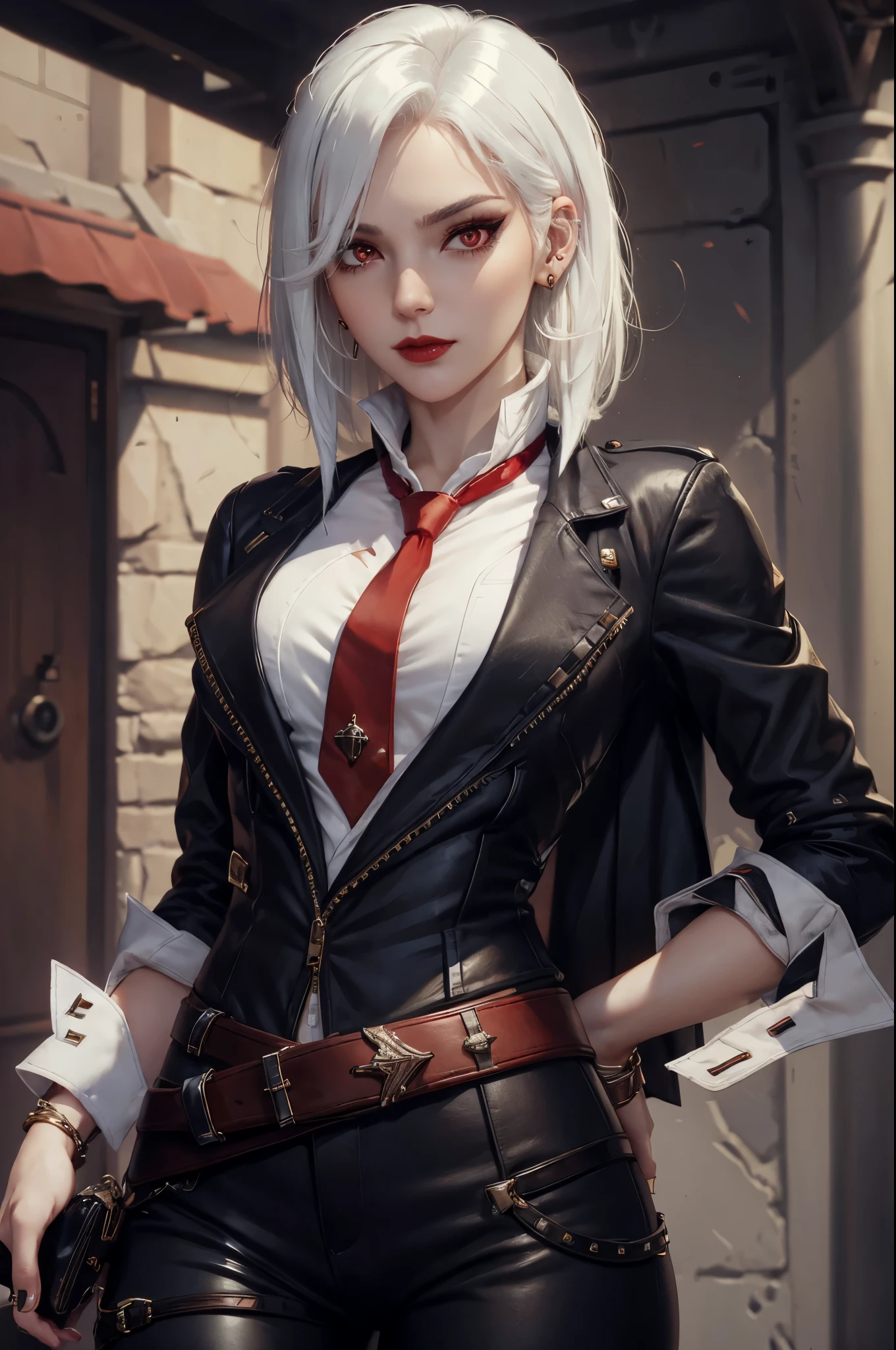 (masterpiece, best quality:1.2), expressive eyes, perfect face, highres, 1girl, solo, AsheOver, mole, earrings, red eyes, white hair,  medium hair, jewelry, makeup, lipstick, necktie, red necktie, thigh strap, black gloves, belt, stud earrings, red lips, shirt, pants, lips, eyeshadow, standing, upper body, looking at the viewer