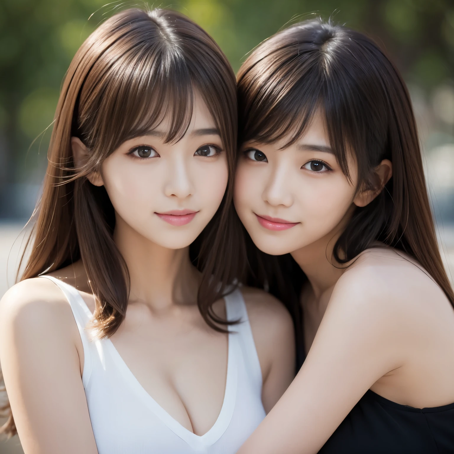 (2girl:1.3), gorgeous beautiful & elegant, (beautiful portrait of two women:1.25), (best quality, masterpiece:1.2), (photorealistic:1.2), 16K, absurdres, beautiful eyes, (light brown hair, asymmetrical hair, asymmetrical bangs, messy hair), full round face, (hug each other:1.2), (seductive smile:1.2), (dynamic lighting), (upper body), highly detailed, (close-up:1.1), Attractive 2 Japanese woman Pictures,