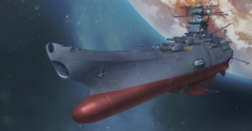 Spaceship flying over a ship in space，The background is a planet, Yamato, realistic warship design, Kilo, captain, detailed spaceship, Fleet Collection Style, Chrono Fortress, Chrono Fortress franchise, The Golden Fleet, From the Azur Lane video game, space ship, style of Chrono Fortress, Chrono Fortress frontier