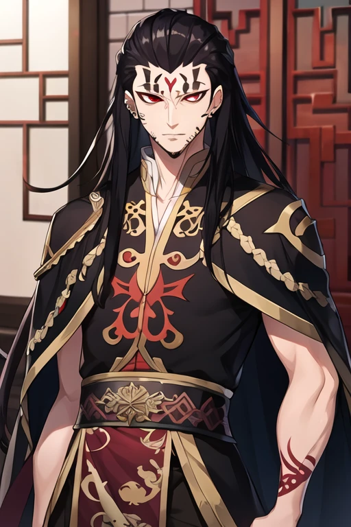 masterpiece,best quality,Game CG, vampire,emperor,Noble robes,1 mature man,solo,Male focus,face tattoo,Looking at the audience,棕色Long hair,Red Eyes,Long hair,Black tattoo on forehead,Chinese clothing,
