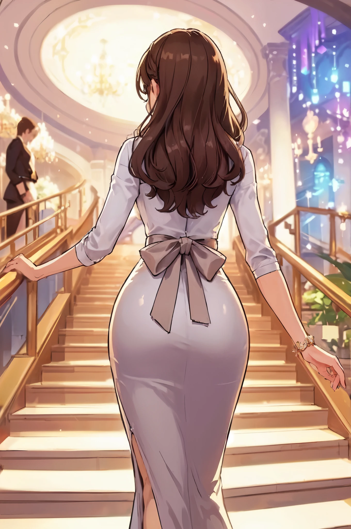 1lady solo, (back of head), from behind, going upstairs, from below, (pencil dress) stylish, sash belt, mature female, /(brown hair/), (masterpiece best quality:1.2) delicate illustration ultra-detailed BREAK (luxurious venue) indoors, crowded, chandeliers, detailed background