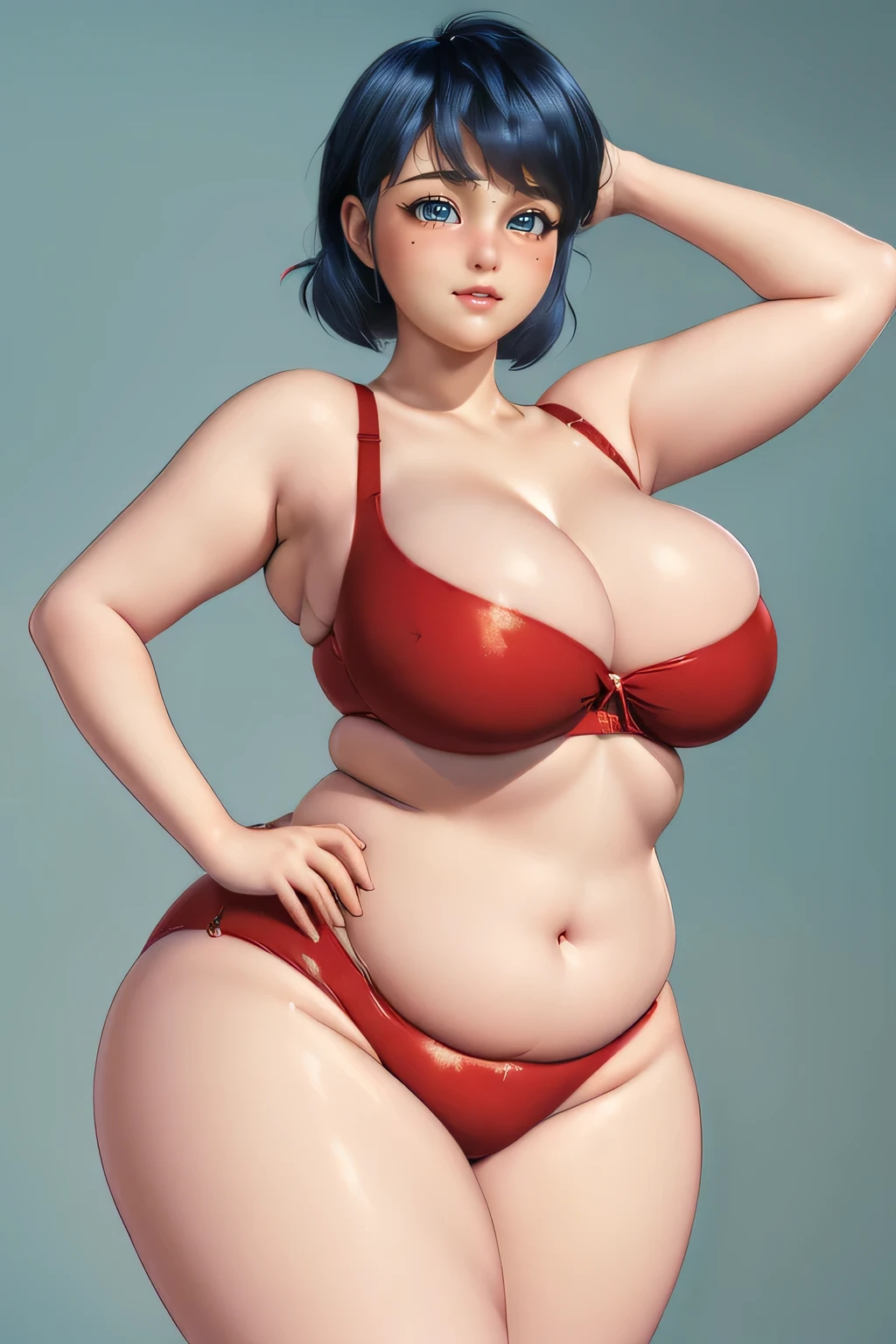((masterpiece)), ((photorealistic)), ((sharp focus)), ((UHD)), ((8k wallpaper)), ((best quality)), (perfect quality), solo, girl, ladybug, short blue hair, pose: ( shy pose, (arm on waist), sexy pose), face: ( (very beautiful face), (perfect face), cute face, young, (plump cheeks), (plump face)), figure: (very full body, ((huge breasts)), (very thick), (sexy curves), (very soft), (very curvy), (a bit chubby), (a bit chubby belly), (a bit chubby belly bottom), (belly bulge), wide waist, (big deep navel), thick thighs), clothes: (red dotted suit, tight suit)