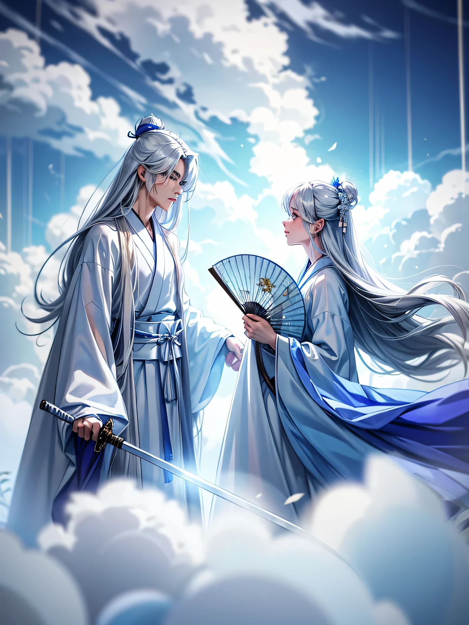 an Asian young man with a Japanese face, long white, slightly silver hair, wearing a beautiful hanfu in shades of white, blue and purple. Carrying a silver sword and a beautiful fan in hand. Standing on the clouds looking towards a beautiful innocent girl.
The effects of the wind and smoke made their clothes flutter high
