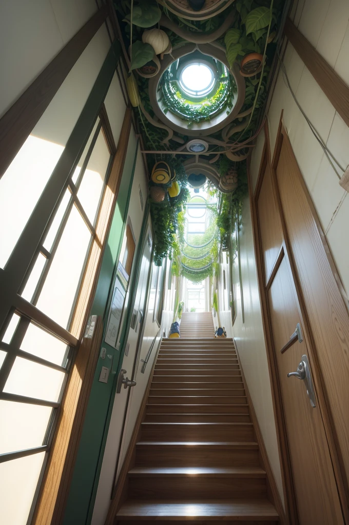 Trick Art、Escher、Looking up from below inside a giant jungle gym、Ultra-wide-angle lens、